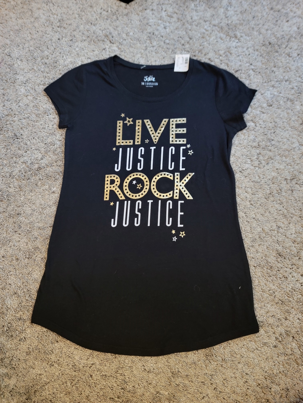 Justice Black Tee with Gold and White 'Live Rock Justice' Graphic Size 14 NWT!